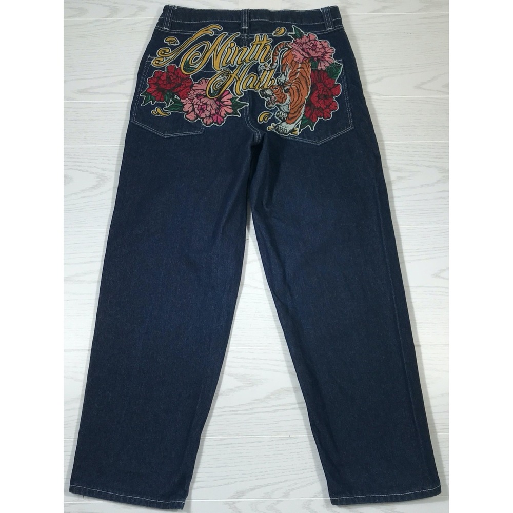 Vintage Ninth Hall Ambush Jeans Men 28x28 Hip Hop Y2K Tiger Embroidered Baggy